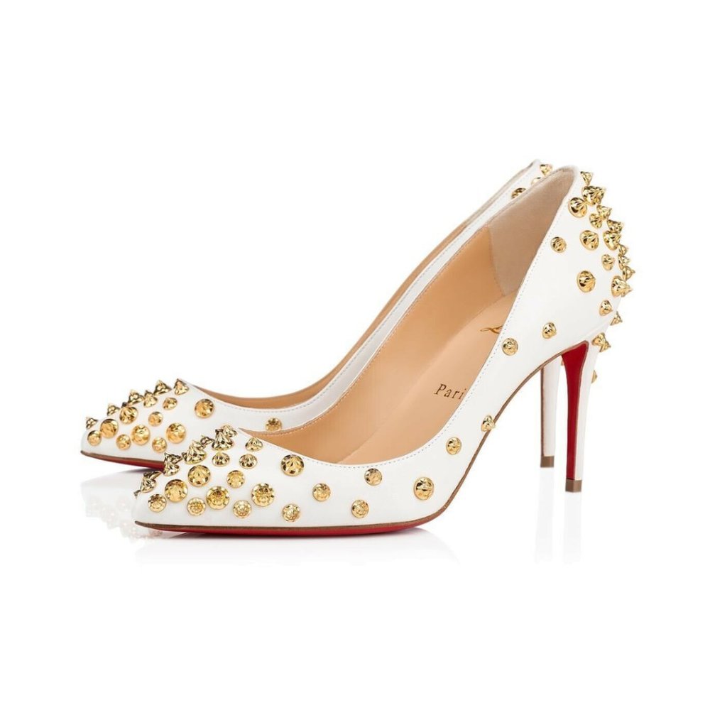 Christian Louboutin White Leather Studded Pumps with Gold Spikes and Red Soles